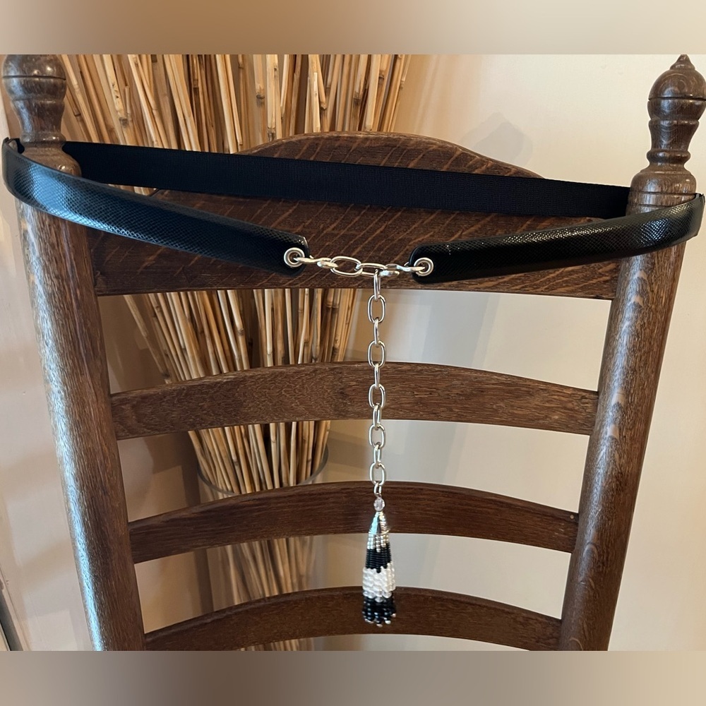 WHBM black beaded tassel belt Elastic and leather adjustable hook closure SZ M/L